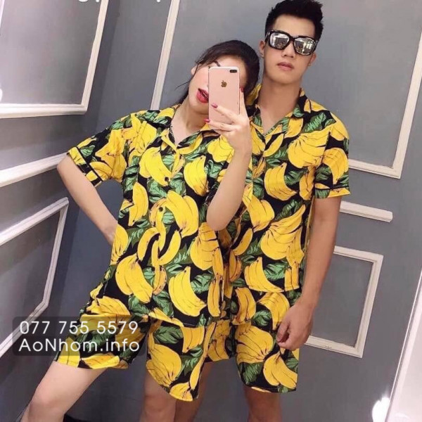 Bộ đi biển kiểu pijama - Chuối xanh đen