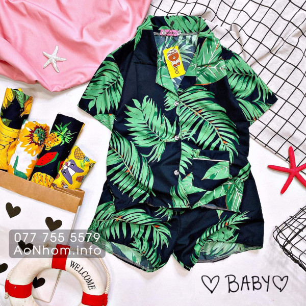 Bộ đi biển kiểu pijama - Lá xanh đen