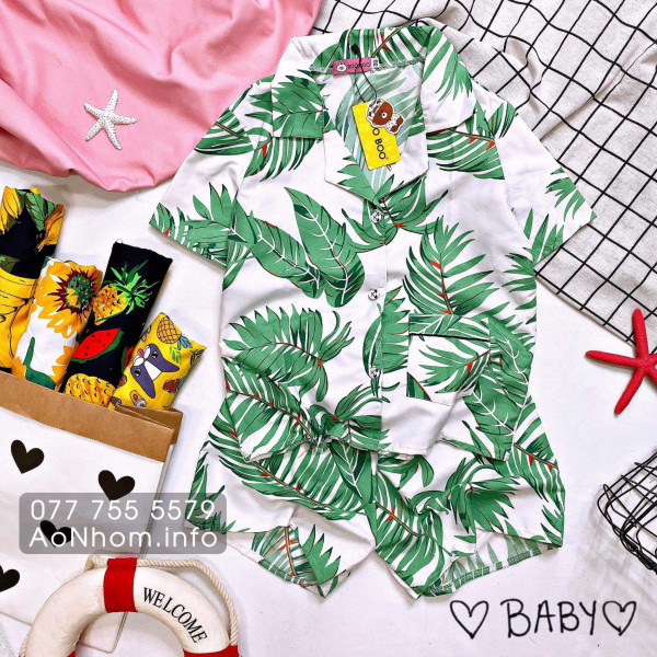 Bộ đi biển kiểu pijama - Lá xanh trắng