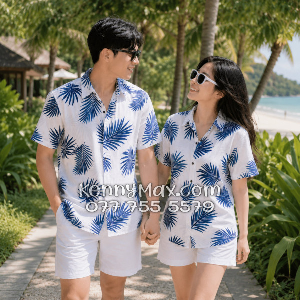 Áo Sơ Mi Đôi Resort Vải Đũi Họa Tiết Lá Cọ Navy Tropical