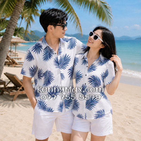 Áo Sơ Mi Đôi Resort Vải Đũi Họa Tiết Lá Cọ Navy Tropical