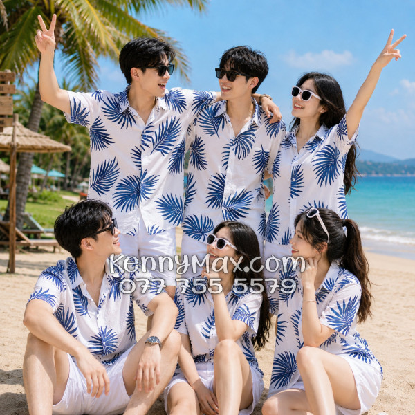 Áo Sơ Mi Đôi Resort Vải Đũi Họa Tiết Lá Cọ Navy Tropical