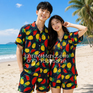 Bộ Áo Sơ Mi Quần Short Hawaiian Thơm Dưa Hấu Nền Đen Nam Nữ Đi Biển