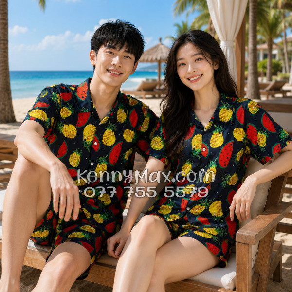 Bộ Áo Sơ Mi Quần Short Hawaiian Thơm Dưa Hấu Nền Đen Nam Nữ Đi Biển