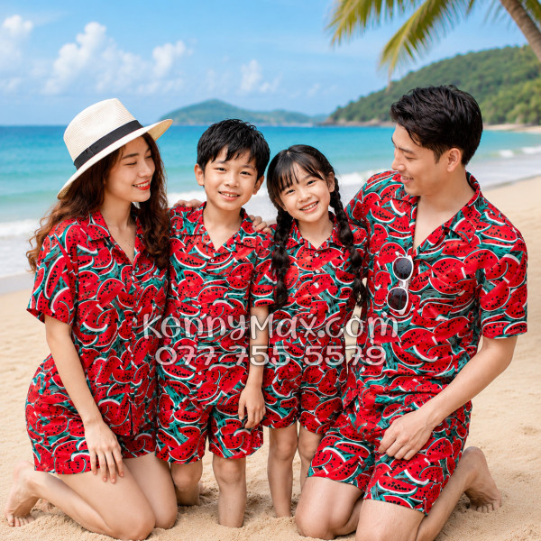 Bộ Áo Sơ Mi Quần Short Hawaiian Dưa Hấu Đỏ Nam Nữ Đi Biển