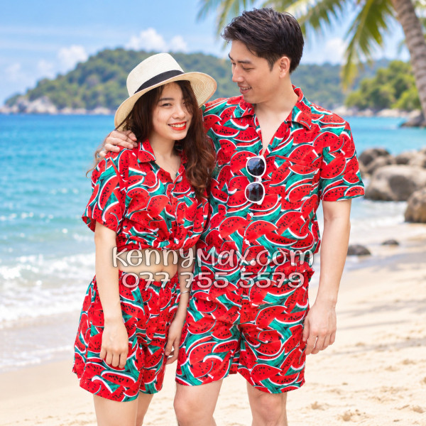 Bộ Áo Sơ Mi Quần Short Hawaiian Dưa Hấu Đỏ Nam Nữ Đi Biển
