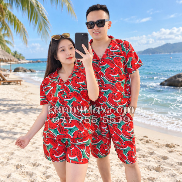 Bộ Áo Sơ Mi Quần Short Hawaiian Dưa Hấu Đỏ Nam Nữ Đi Biển