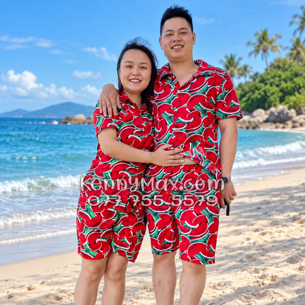 Bộ Áo Sơ Mi Quần Short Hawaiian Dưa Hấu Đỏ Nam Nữ Đi Biển