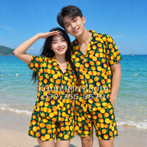 Bộ Áo Sơ Mi Quần Short Hawaiian Cam Vàng Nền Đen Nam Nữ Đi Biển