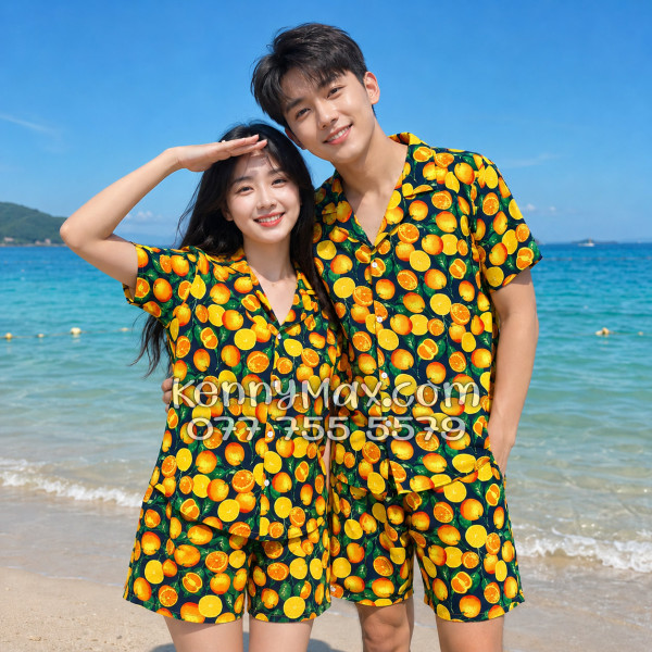 Bộ Áo Sơ Mi Quần Short Hawaiian Cam Vàng Nền Đen Nam Nữ Đi Biển