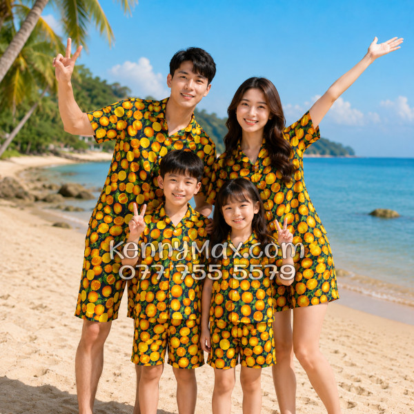 Bộ Áo Sơ Mi Quần Short Hawaiian Cam Vàng Nền Đen Nam Nữ Đi Biển
