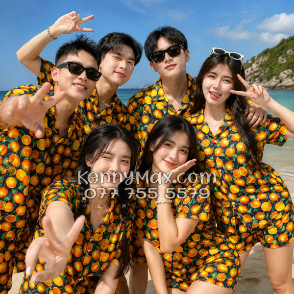Bộ Áo Sơ Mi Quần Short Hawaiian Cam Vàng Nền Đen Nam Nữ Đi Biển