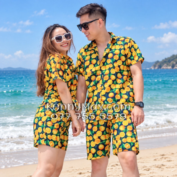Bộ Áo Sơ Mi Quần Short Hawaiian Cam Vàng Nền Đen Nam Nữ Đi Biển