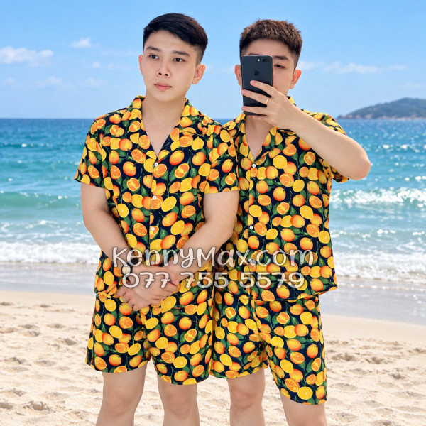 Bộ Áo Sơ Mi Quần Short Hawaiian Cam Vàng Nền Đen Nam Nữ Đi Biển