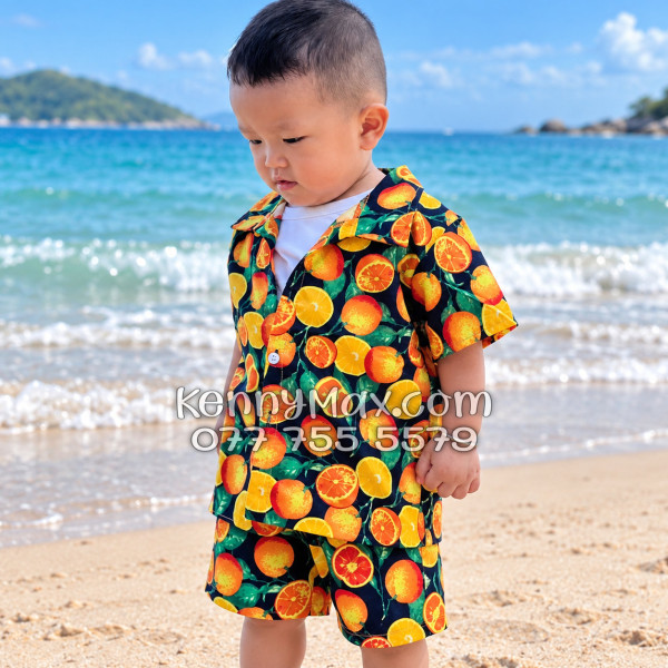 Bộ Áo Sơ Mi Quần Short Hawaiian Cam Vàng Nền Đen Nam Nữ Đi Biển