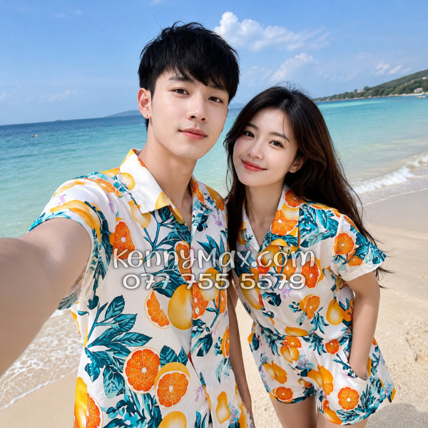 Bộ Áo Sơ Mi Quần Short Hawaiian Cam Vàng Nền Trắng Nam Nữ Đi Biển