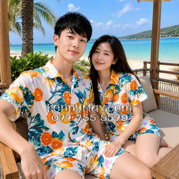 Bộ Áo Sơ Mi Quần Short Hawaiian Cam Vàng Nền Trắng Nam Nữ Đi Biển
