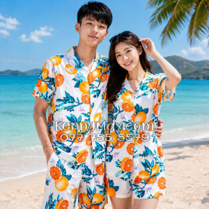 Bộ Áo Sơ Mi Quần Short Hawaiian Cam Vàng Nền Trắng Nam Nữ Đi Biển