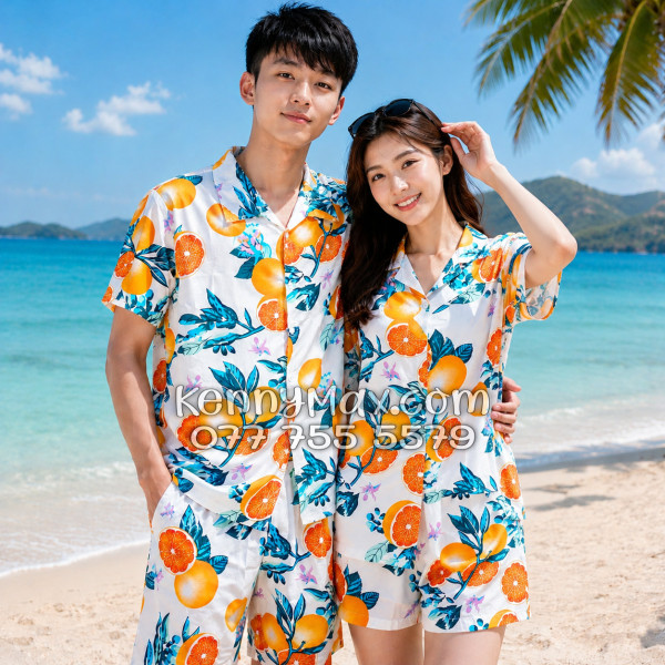 Bộ Áo Sơ Mi Quần Short Hawaiian Cam Vàng Nền Trắng Nam Nữ Đi Biển