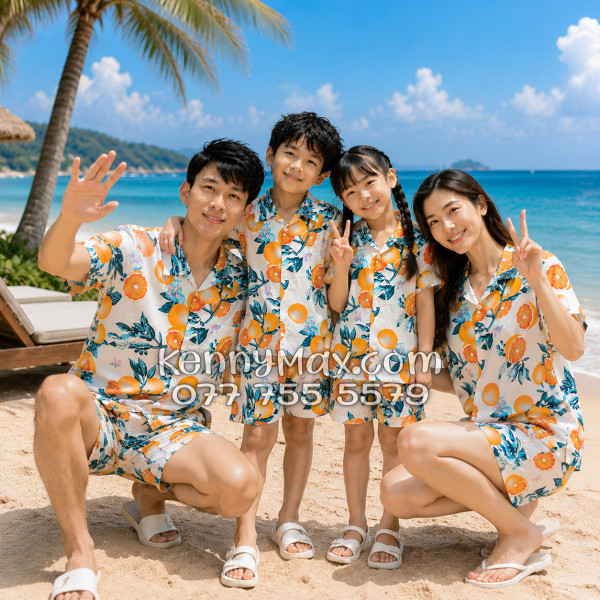 Bộ Áo Sơ Mi Quần Short Hawaiian Cam Vàng Nền Trắng Nam Nữ Đi Biển