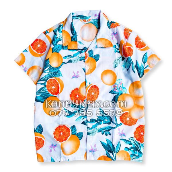 Bộ Áo Sơ Mi Quần Short Hawaiian Cam Vàng Nền Trắng Nam Nữ Đi Biển