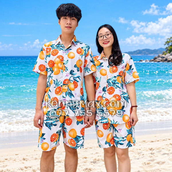 Bộ Áo Sơ Mi Quần Short Hawaiian Cam Vàng Nền Trắng Nam Nữ Đi Biển