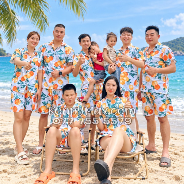 Bộ Áo Sơ Mi Quần Short Hawaiian Cam Vàng Nền Trắng Nam Nữ Đi Biển