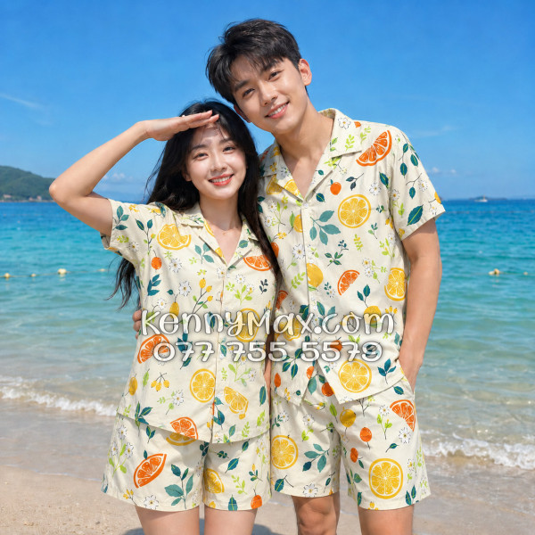 Bộ Áo Sơ Mi Quần Short Hawaiian Trái Cam Vàng Nhạt Nam Nữ Đi Biển