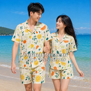 Bộ Áo Sơ Mi Quần Short Hawaiian Trái Cam Vàng Nhạt Nam Nữ Đi Biển
