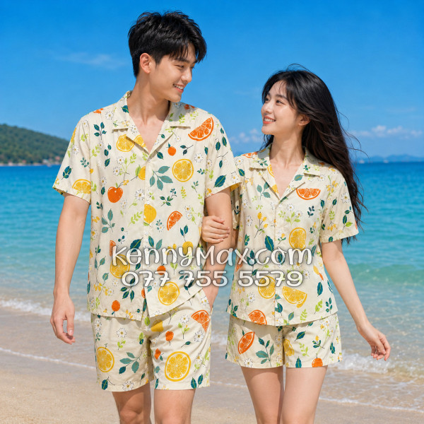 Bộ Áo Sơ Mi Quần Short Hawaiian Trái Cam Vàng Nhạt Nam Nữ Đi Biển
