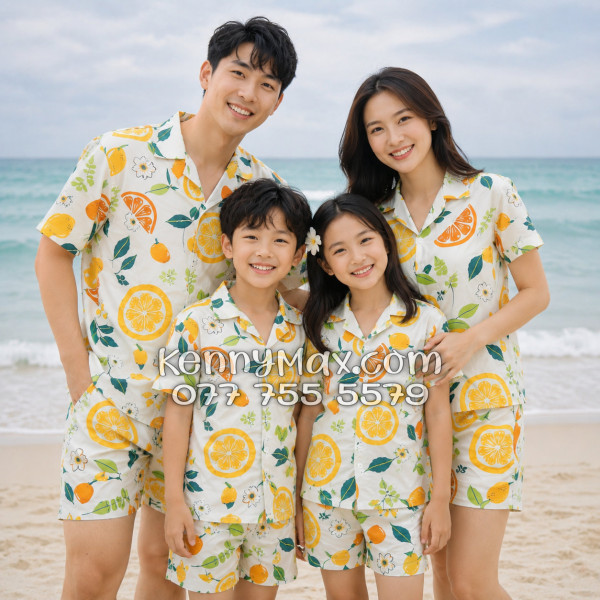Bộ Áo Sơ Mi Quần Short Hawaiian Trái Cam Vàng Nhạt Nam Nữ Đi Biển