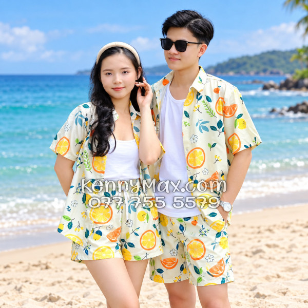 Bộ Áo Sơ Mi Quần Short Hawaiian Trái Cam Vàng Nhạt Nam Nữ Đi Biển