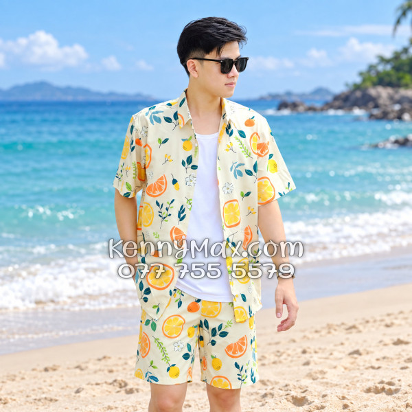 Bộ Áo Sơ Mi Quần Short Hawaiian Trái Cam Vàng Nhạt Nam Nữ Đi Biển