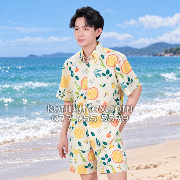 Bộ Áo Sơ Mi Quần Short Hawaiian Trái Cam Vàng Nhạt Nam Nữ Đi Biển