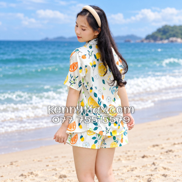 Bộ Áo Sơ Mi Quần Short Hawaiian Trái Cam Vàng Nhạt Nam Nữ Đi Biển