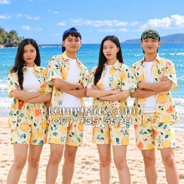 Bộ Áo Sơ Mi Quần Short Hawaiian Trái Cam Vàng Nhạt Nam Nữ Đi Biển