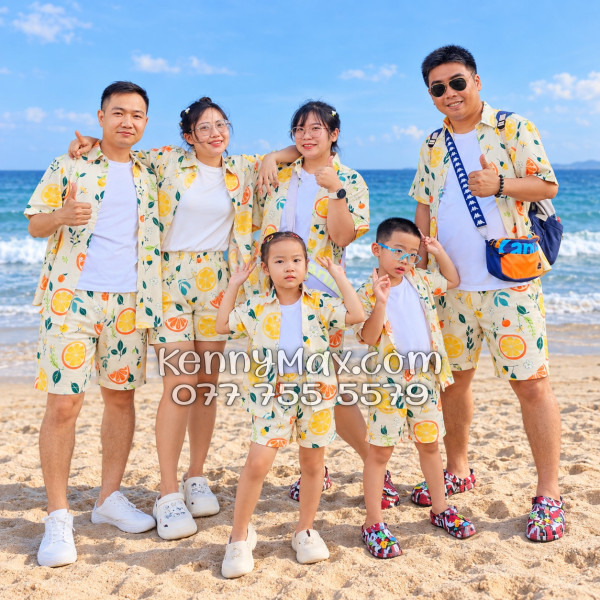 Bộ Áo Sơ Mi Quần Short Hawaiian Trái Cam Vàng Nhạt Nam Nữ Đi Biển
