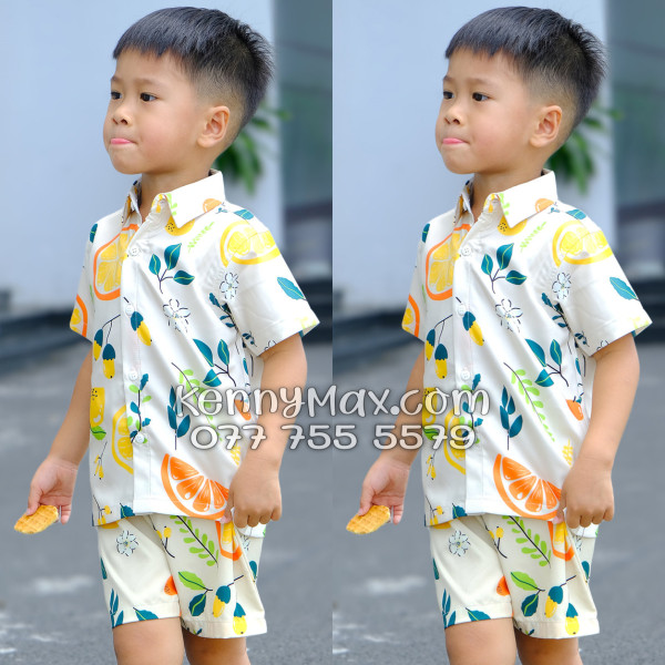 Bộ Áo Sơ Mi Quần Short Hawaiian Trái Cam Vàng Nhạt Nam Nữ Đi Biển