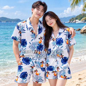 Bộ Áo Sơ Mi Quần Short Hawaiian Trái Đào Trắng Đậm Nam Nữ Đi Biển