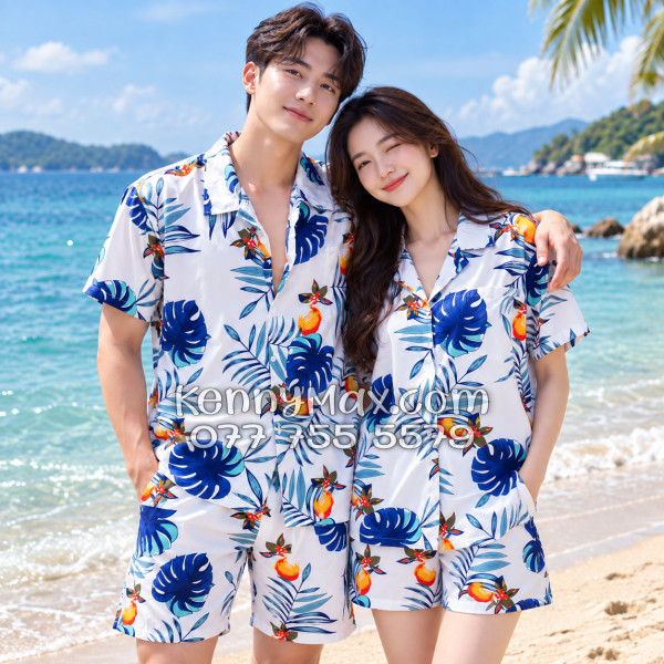 Bộ Áo Sơ Mi Quần Short Hawaiian Trái Đào Trắng Đậm Nam Nữ Đi Biển