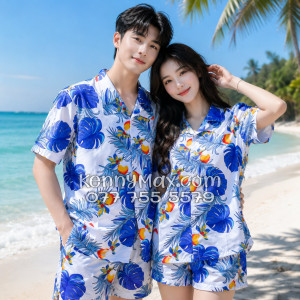 Bộ Áo Sơ Mi Quần Short Hawaiian Trái Đào Trắng Nam Nữ Đi Biển