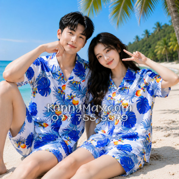 Bộ Áo Sơ Mi Quần Short Hawaiian Trái Đào Trắng Nam Nữ Đi Biển