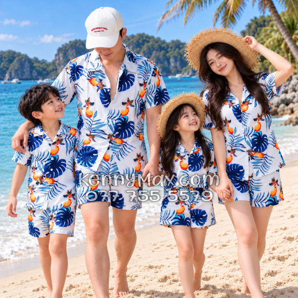 Bộ Áo Sơ Mi Quần Short Hawaiian Trái Đào Trắng Đậm Nam Nữ Đi Biển