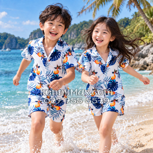 Bộ Áo Sơ Mi Quần Short Hawaiian Trái Đào Trắng Đậm Nam Nữ Đi Biển