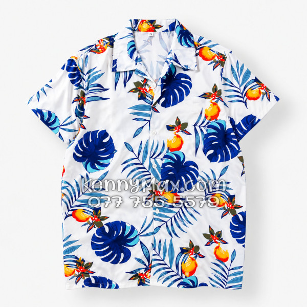 Bộ Áo Sơ Mi Quần Short Hawaiian Trái Đào Trắng Đậm Nam Nữ Đi Biển