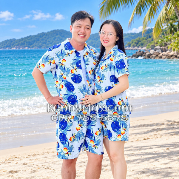 Bộ Áo Sơ Mi Quần Short Hawaiian Trái Đào Trắng Nam Nữ Đi Biển