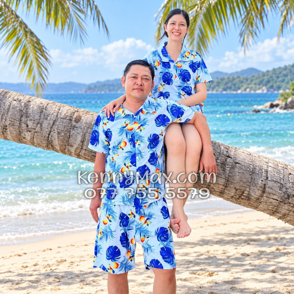 Bộ Áo Sơ Mi Quần Short Hawaiian Trái Đào Trắng Nam Nữ Đi Biển