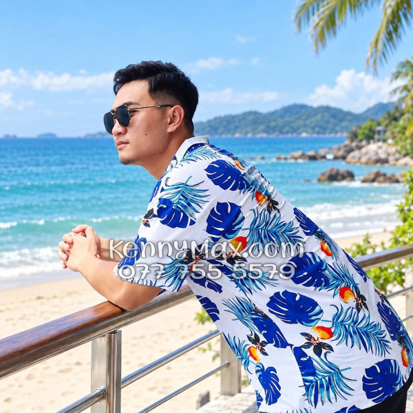 Bộ Áo Sơ Mi Quần Short Hawaiian Trái Đào Trắng Nam Nữ Đi Biển
