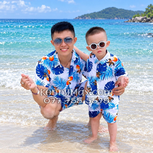 Bộ Áo Sơ Mi Quần Short Hawaiian Trái Đào Trắng Nam Nữ Đi Biển