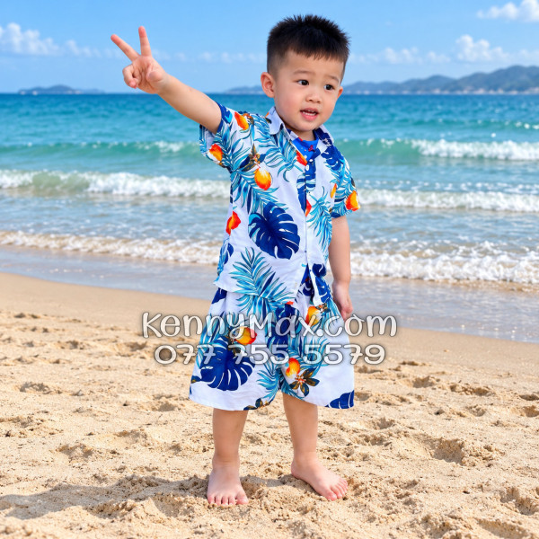 Bộ Áo Sơ Mi Quần Short Hawaiian Trái Đào Trắng Nam Nữ Đi Biển